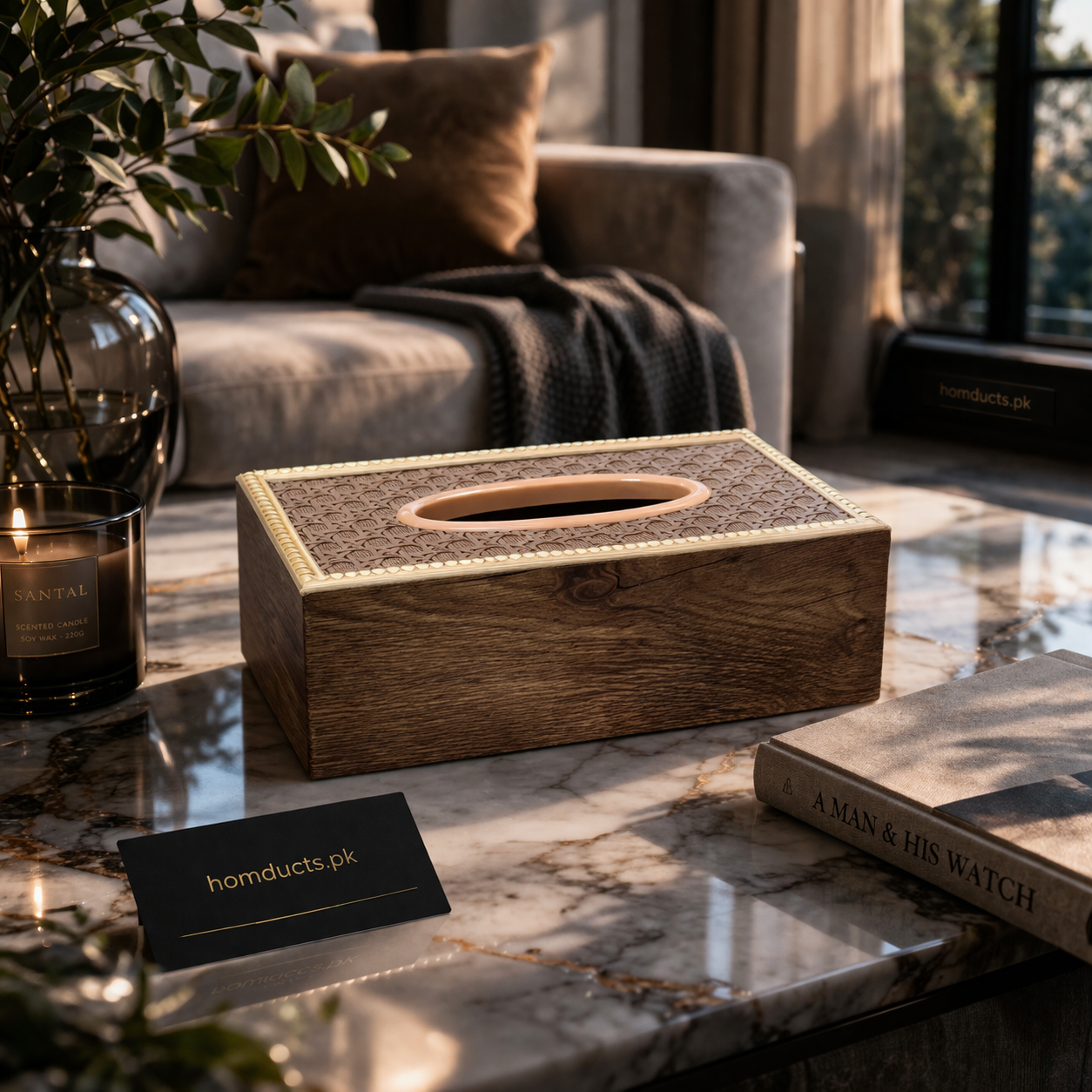 Luxury Wooden Tissue Box Holder with Embossed Pattern Top & Smooth Finish | Premium Decorative Tissue Organizer