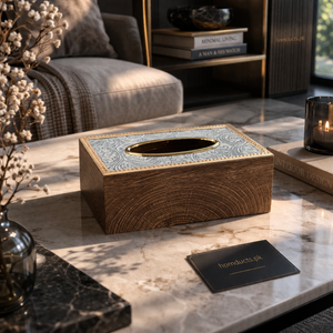 Luxury Carved Wooden Tissue Box Holder with Embossed Top & Gold Rim | Premium Decorative Tissue Organizer