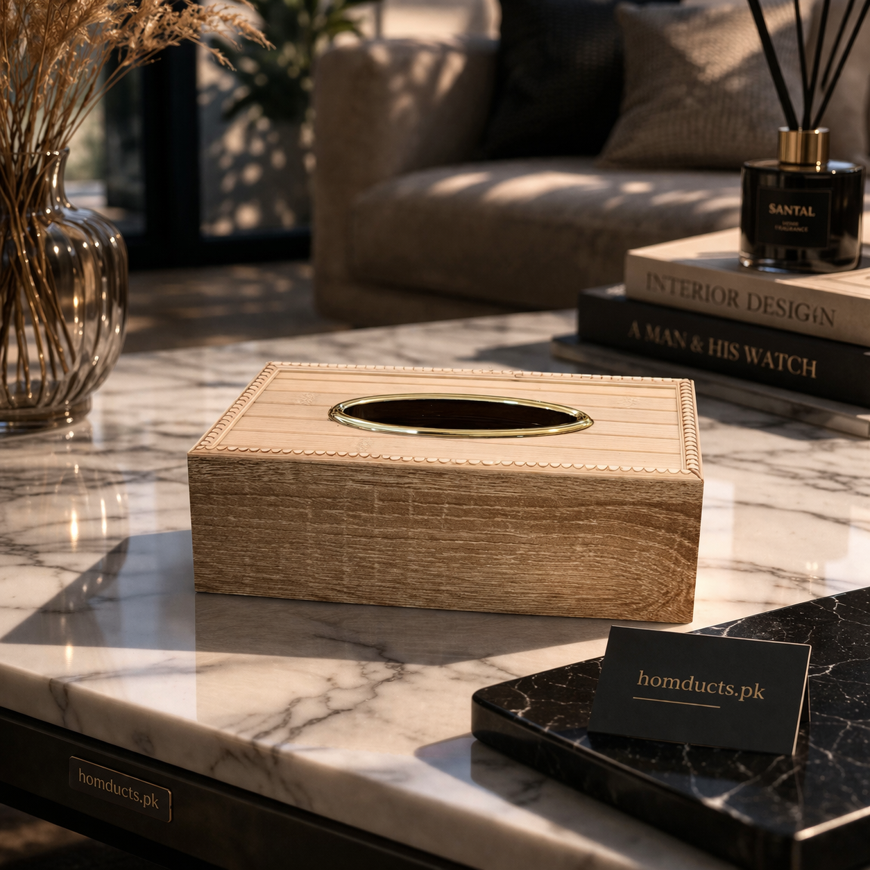 Luxury Wooden Tissue Box Holder with Gold Rim | Premium Decorative Tissue Organizer for Home & Office