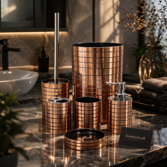 Luxury 6-Piece Bathroom Accessories Set – Modern Stripe Design Soap Dispenser, Toothbrush Holder, Tumbler & Toilet Brush Set