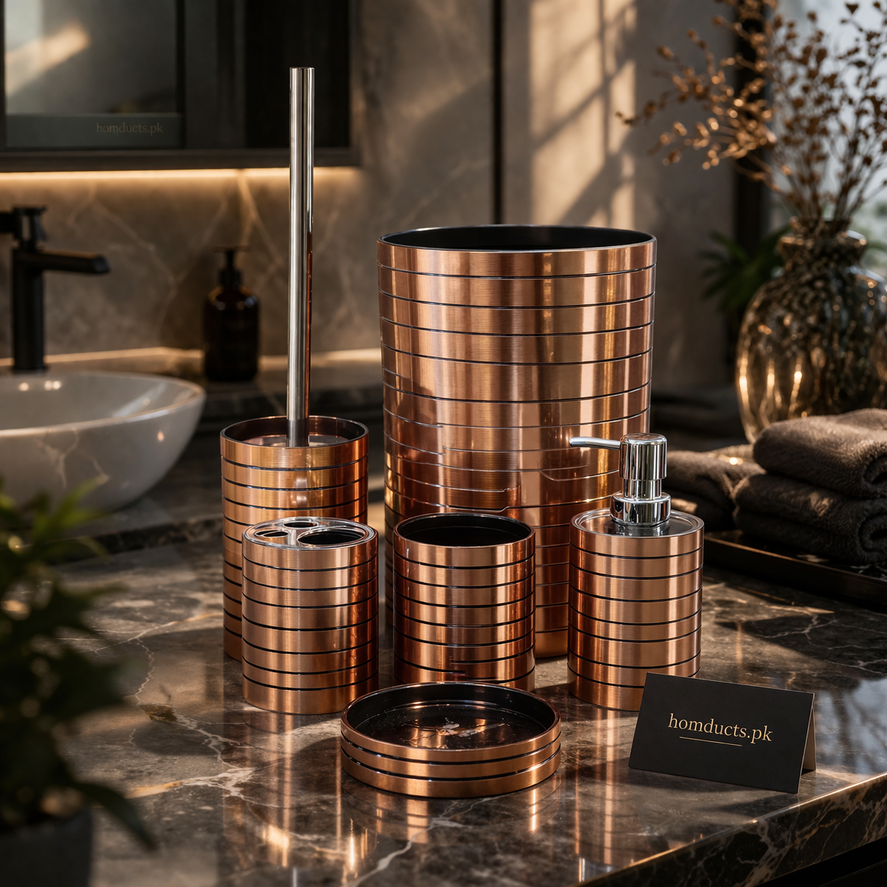 Luxury 6-Piece Bathroom Accessories Set – Modern Stripe Design Soap Dispenser, Toothbrush Holder, Tumbler & Toilet Brush Set