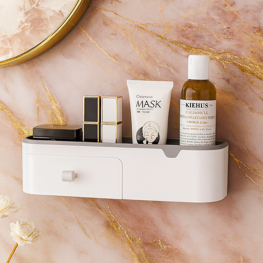Luxury Wall-Mounted Cosmetic Organizer Shelf with Drawer | Modern Bathroom & Vanity Storage