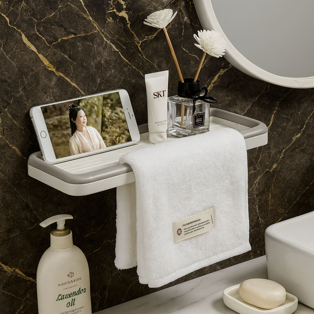 Luxury Wall-Mounted Bathroom Shelf with Towel Bar & Mobile Holder | Modern Space-Saving Organizer