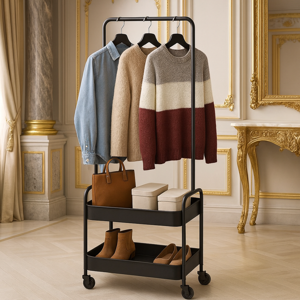 Luxury Rolling Garment Rack with Dual Storage Shelves – Modern Metal Clothes Organizer