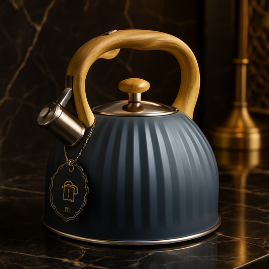 Luxury Ribbed Whistling Kettle with Wooden Handle – Premium Stainless Steel Tea Kettle (Grey)