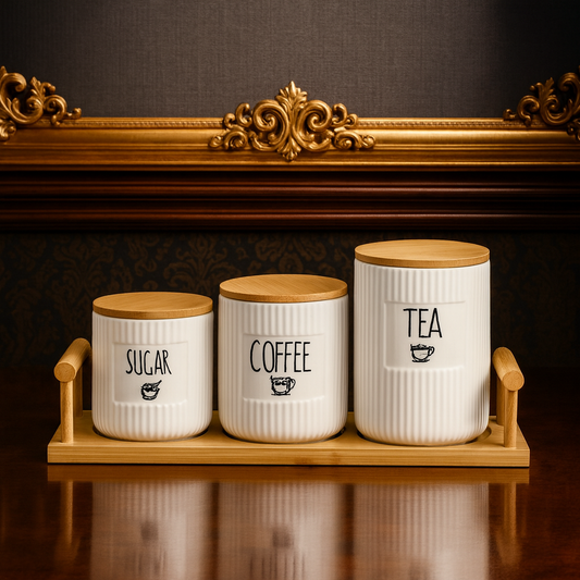 Luxury Ceramic Tea, Coffee & Sugar Canister Set with Wooden Tray