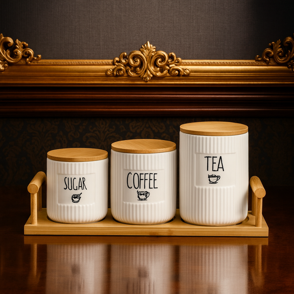 Luxury Ceramic Tea, Coffee & Sugar Canister Set with Wooden Tray