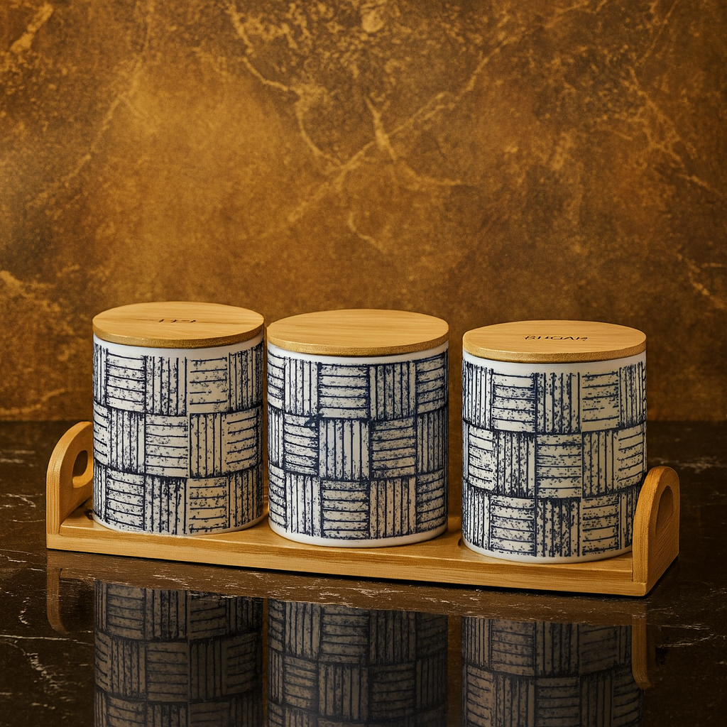 Luxury Ceramic Storage Jars Set with Wooden Tray & Lids – Elegant Kitchen Canister Set (3-Piece)