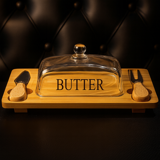 Luxury Bamboo Butter Dish with Glass Cover & Wooden Knife Set
