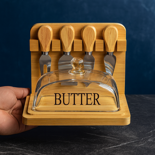 Luxury Bamboo Butter Dish with Glass Lid & Cheese Knife Stand – Premium Kitchen Serving Set