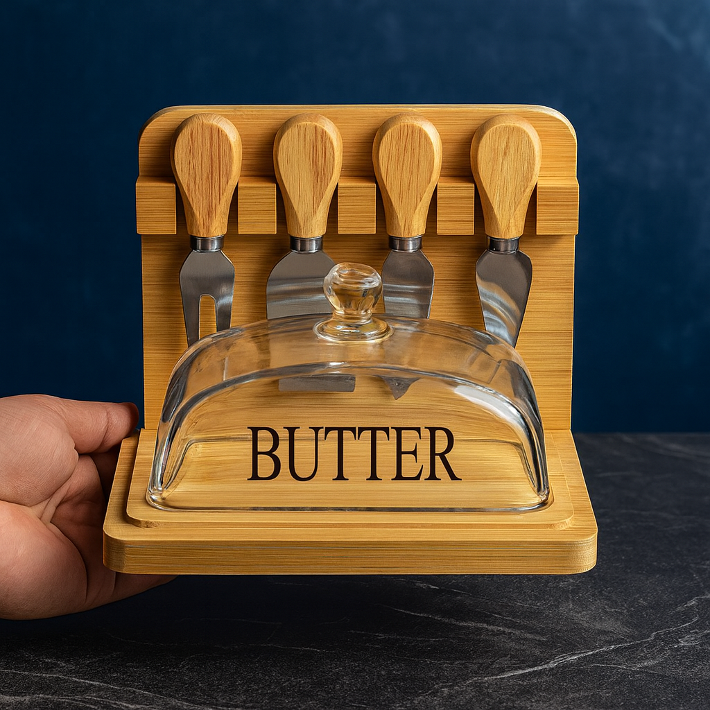 Luxury Bamboo Butter Dish with Glass Lid & Cheese Knife Stand – Premium Kitchen Serving Set