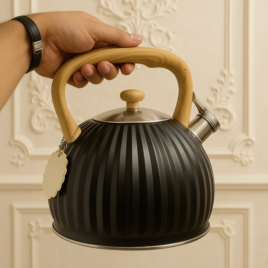 Luxury Matte Black Whistling Tea Kettle with Wooden Handle – Premium Stovetop Kettle