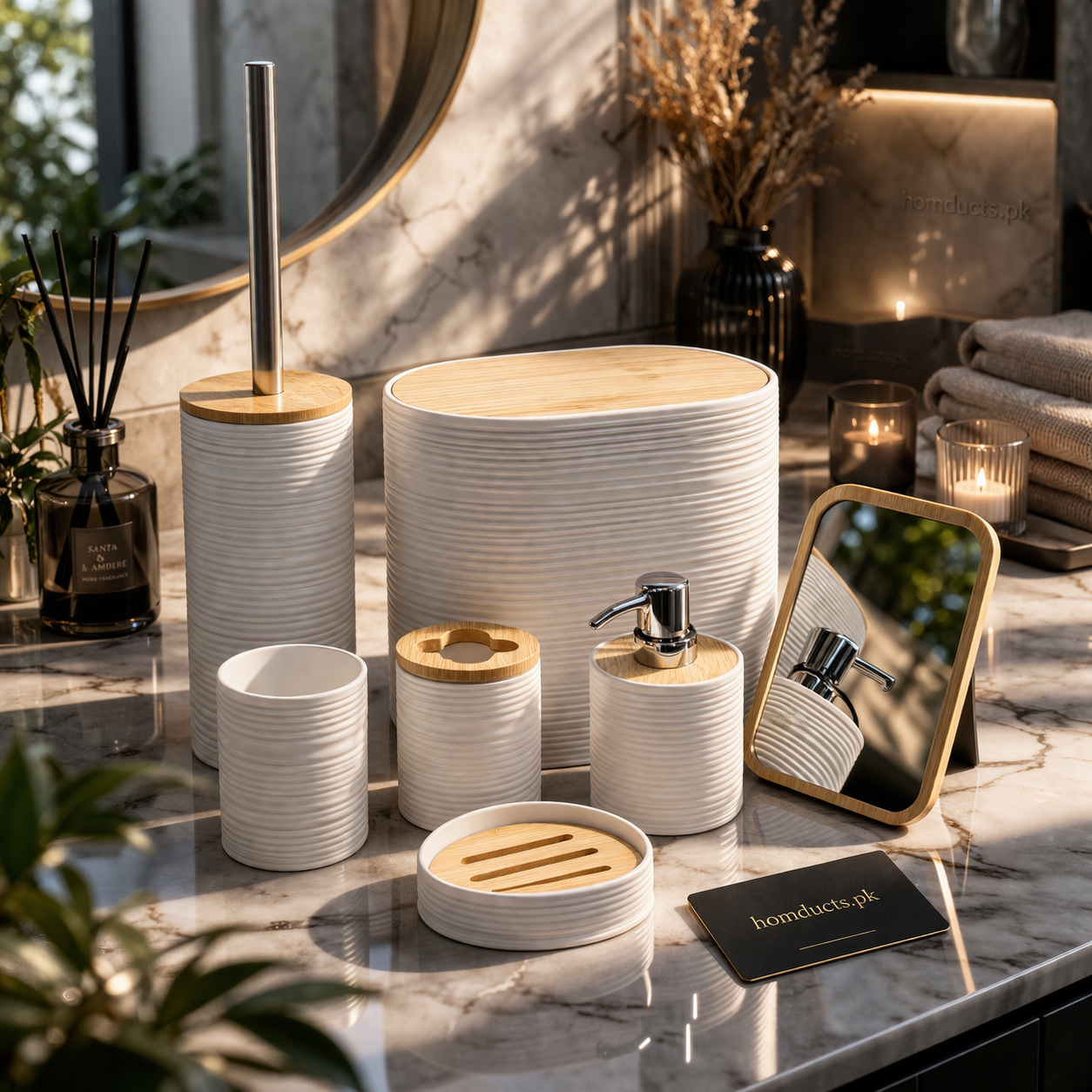 Luxury Ribbed Bathroom Accessories Set with Bamboo Accents – Complete Vanity Organizer Set (Multi-Piece)