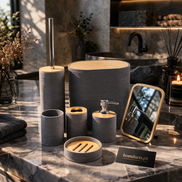 Luxury 7-Piece Ribbed Bathroom Accessories Set with Bamboo Accents – Modern Vanity Organizer Collection