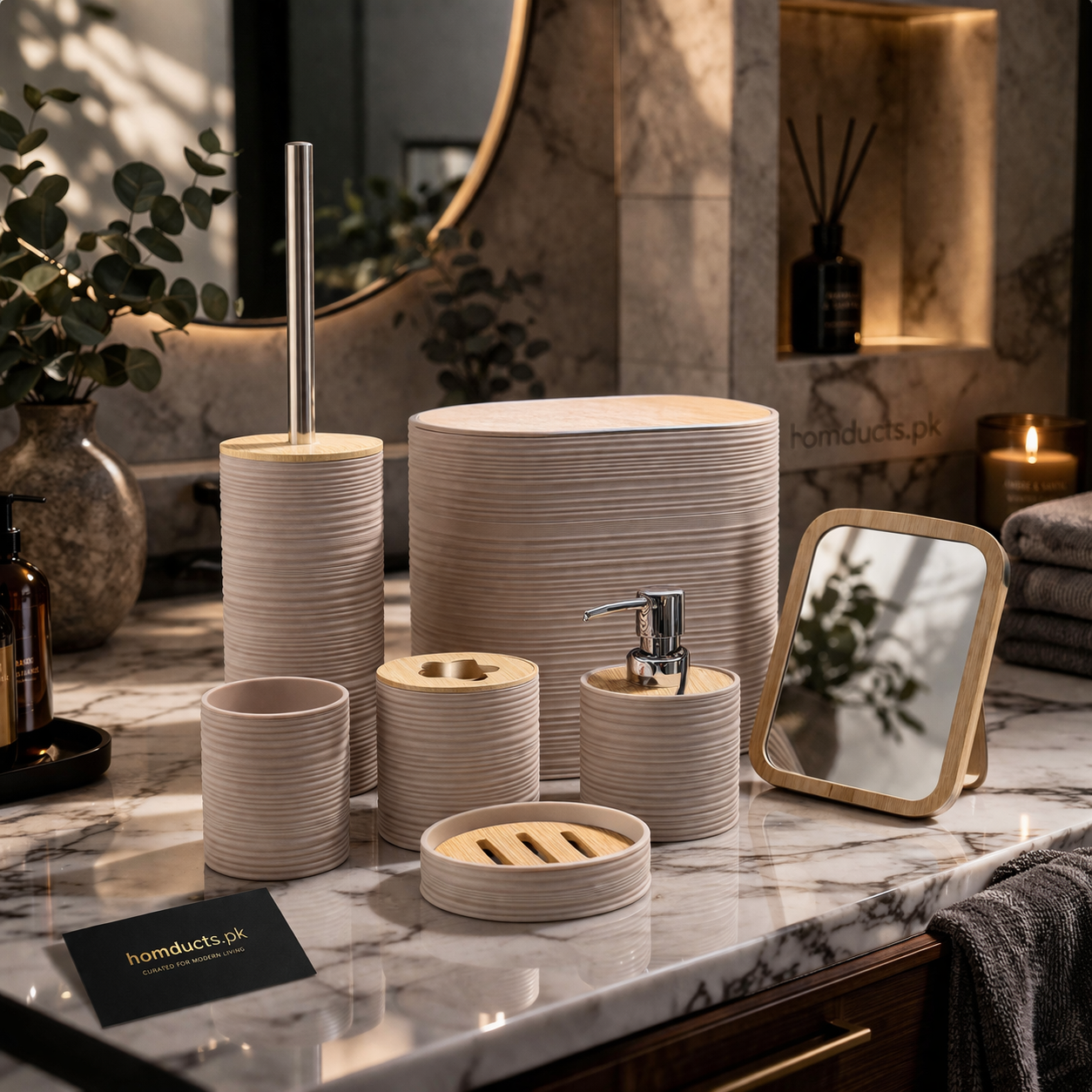 Luxury 7 Pcs Bathroom Accessories Set – Ribbed Design Premium Organizer with Soap Dispenser, Toothbrush Holder & Storage Box