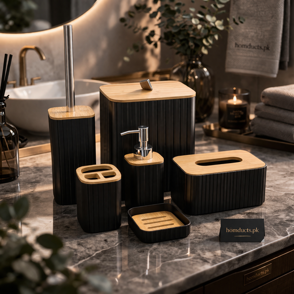 Luxury 7-Piece Bathroom Accessories Set with Bamboo Finish – Modern Ribbed Organizer Collection