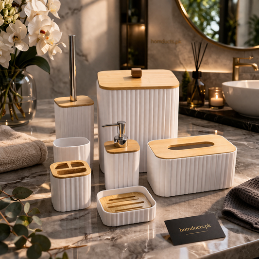 Luxury 7-Piece Bathroom Accessories Set – Modern Organizer Set with Soap Dispenser, Toothbrush Holder, Tissue Box & Storage Containers