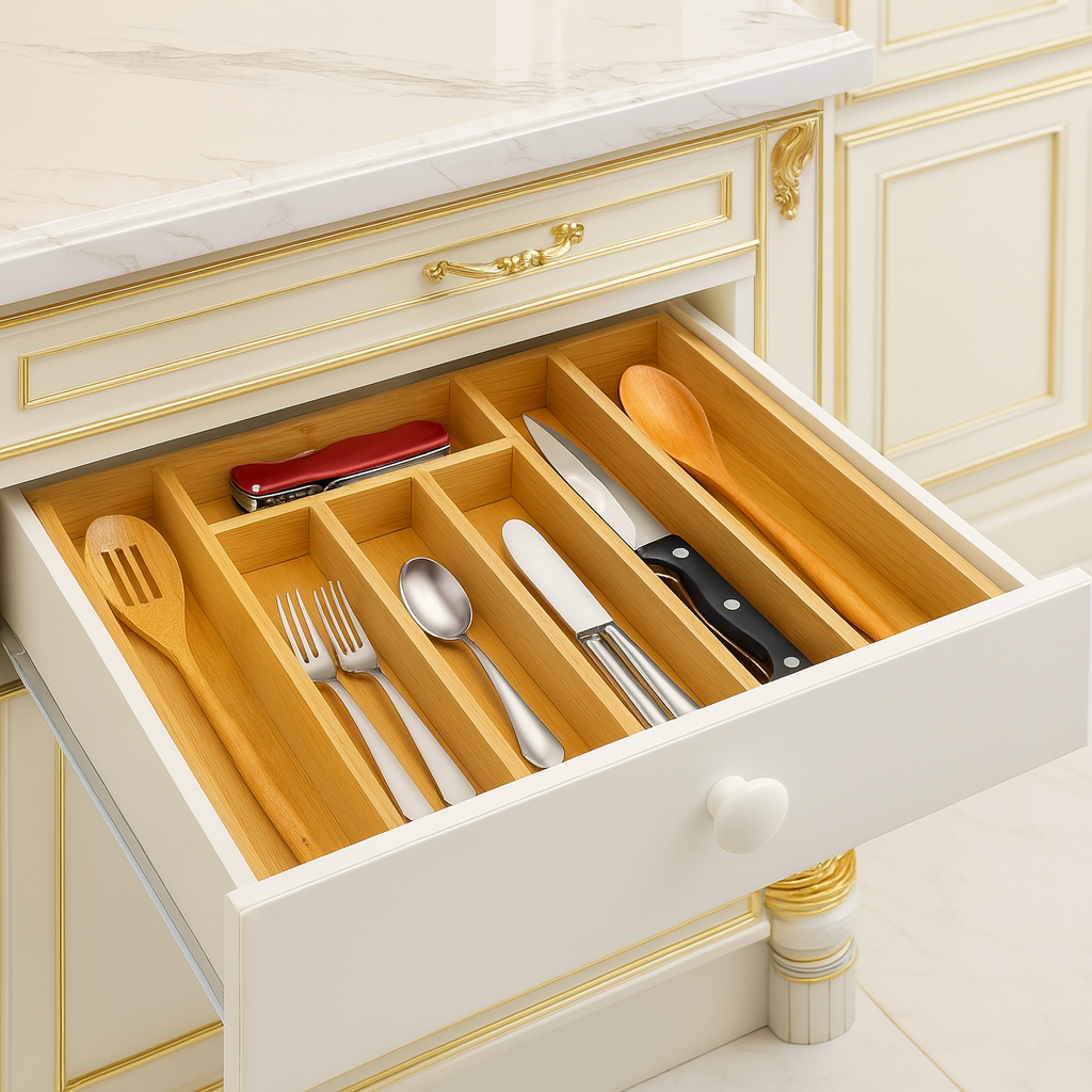 Luxury Bamboo Cutlery Organizer Drawer Tray – Adjustable Wooden Kitchen Utensil Divider