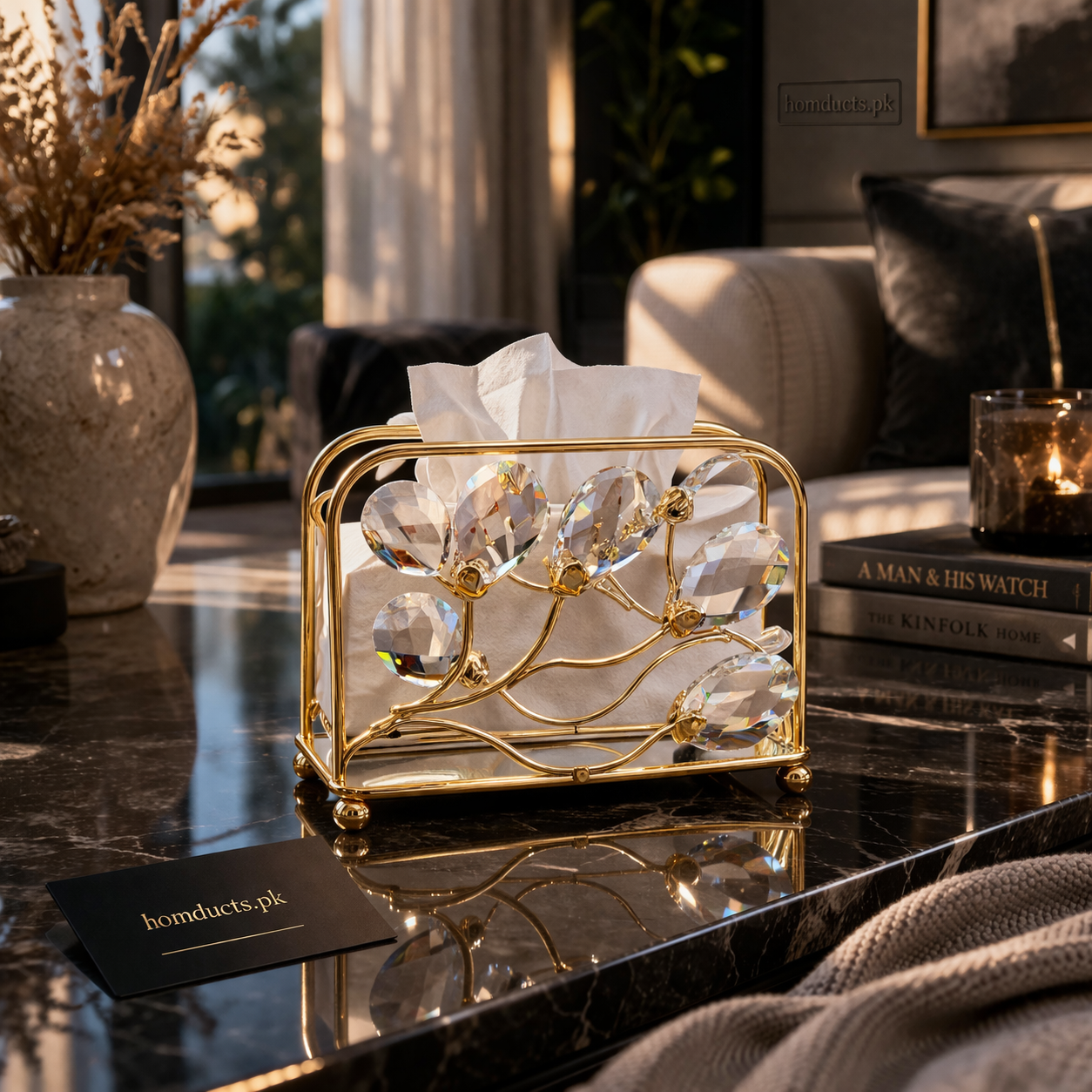 Luxury Crystal Gold Tissue Holder Stand – Premium Decorative Tissue Box Cover for Living Room & Table