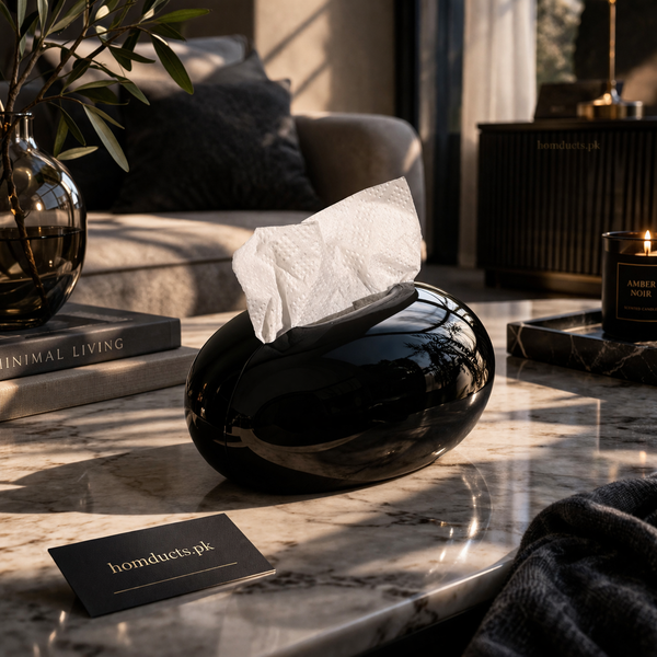 Luxury Glossy Pebble Tissue Box – Modern Black Tissue Holder for Living Room, Bedroom & Office