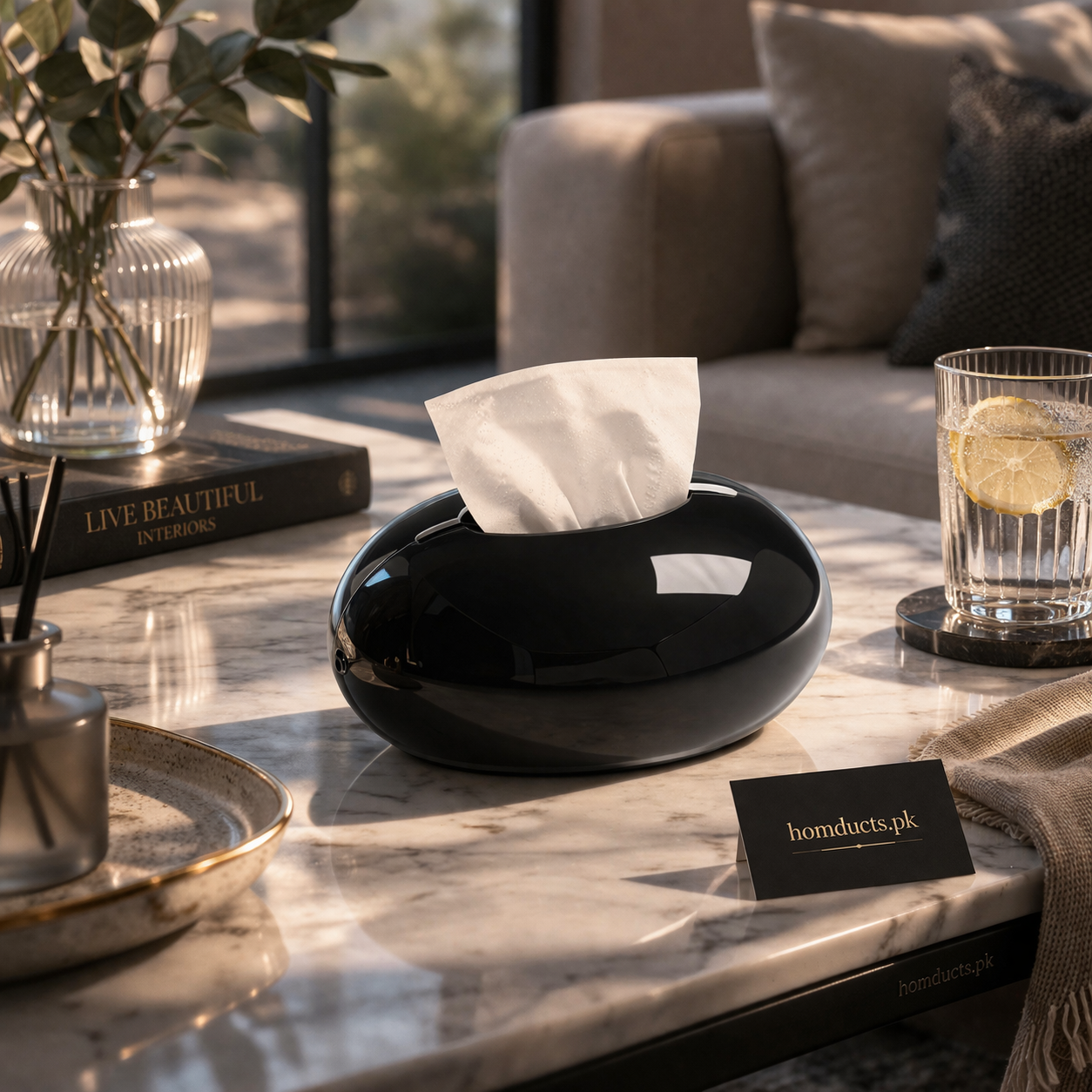 Luxury Glossy Pebble Tissue Box – Modern Black Tissue Holder for Living Room, Bedroom & Office