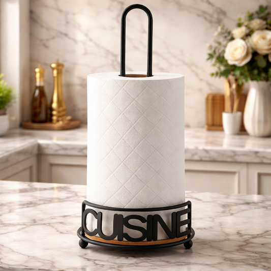 Luxury Metal Paper Towel Holder with Wooden Base – Modern Kitchen Countertop Roll Stand