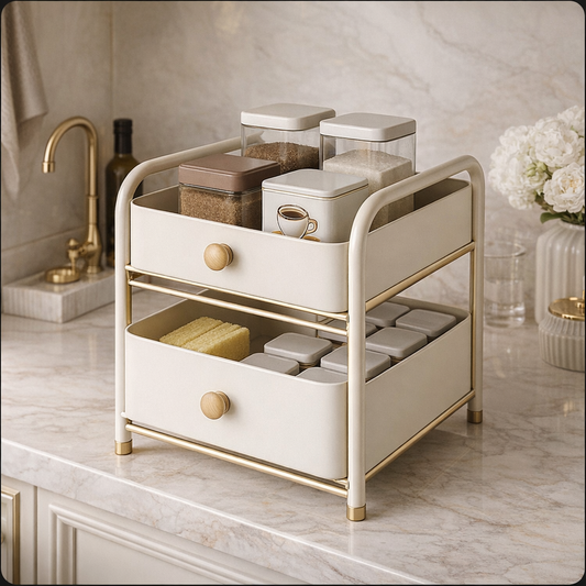 Luxury 2-Tier Kitchen Counter Organizer with Drawers – Premium Metal Storage Rack for Spices, Coffee & Essentials