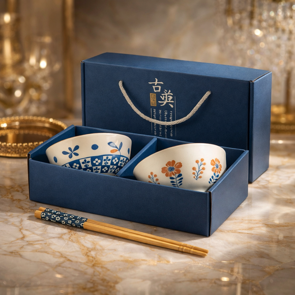 Luxury Japanese Ceramic Bowl Set with Chopsticks – Floral Design (2 / 4 / 6 Pcs Gift Set)