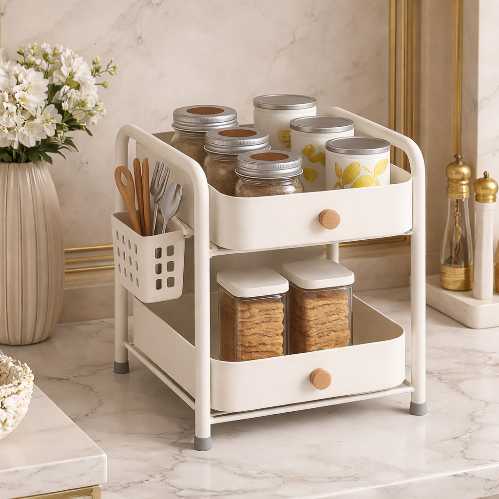 Luxury 2-Tier Kitchen Countertop Organizer Rack with Wooden Knobs | Multi-Purpose Storage Stand