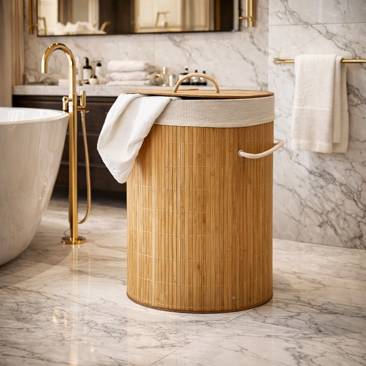 Luxury Bamboo Laundry Hamper with Lid & Fabric Lining – Elegant Bathroom & Bedroom Storage Basket