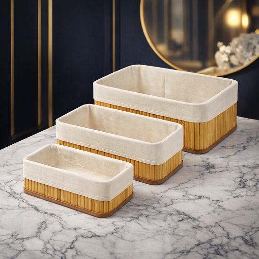 Luxury Bamboo Fabric Storage Basket Set | Premium Organizer for Home & Kitchen (3pcs)