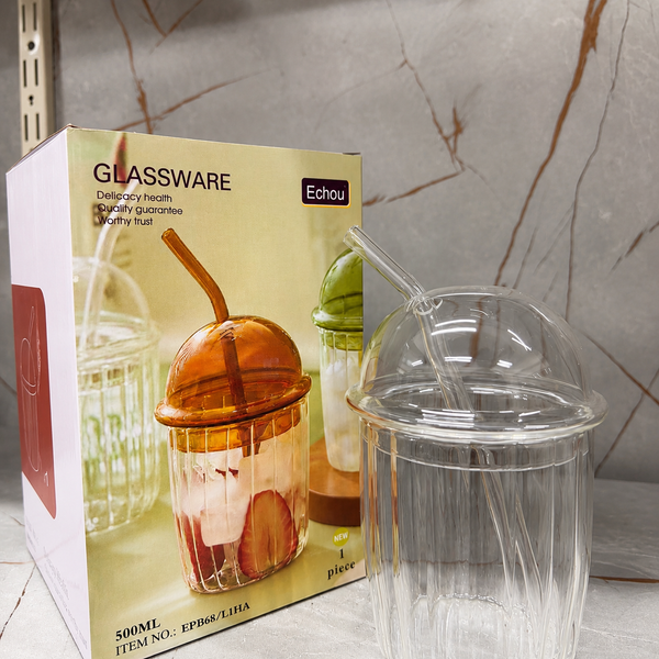 Aesthetic Glass Drinking Tumbler with Dome Cover – Single Piece