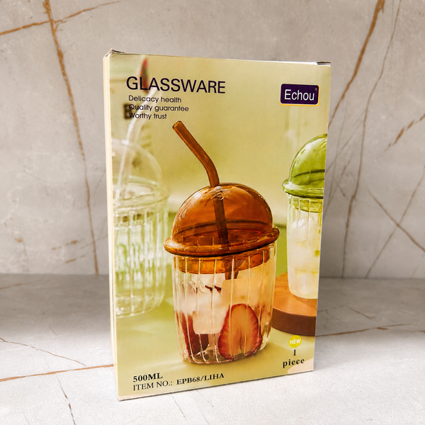 Aesthetic Glass Drinking Tumbler with Dome Cover – Single Piece