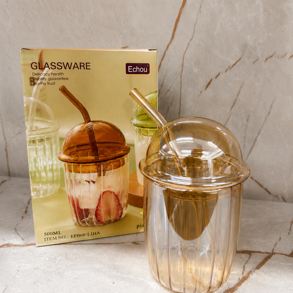 Aesthetic Glass Drinking Tumbler with Dome Cover – Single Piece