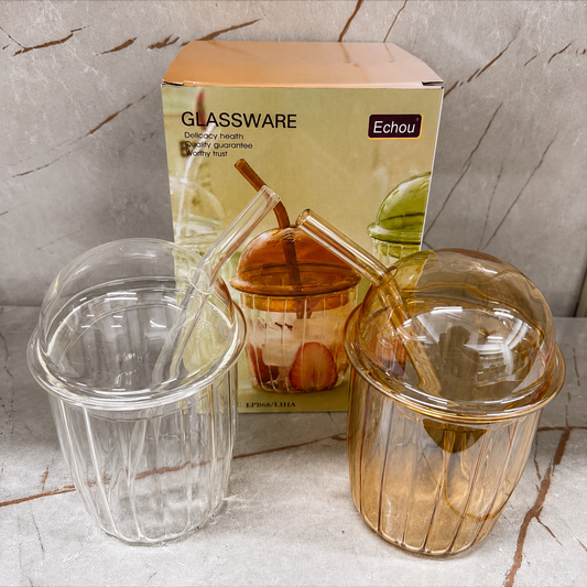 Aesthetic Glass Drinking Tumbler with Dome Cover – Single Piece