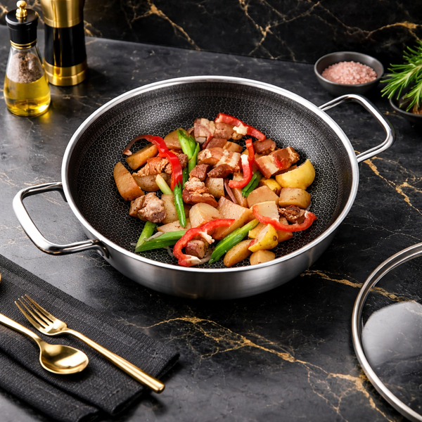 Stainless Steel Non-Stick Honeycomb Frying Pan with Glass Lid – Durable Skillet for Cooking, Searing & Frying 24cm