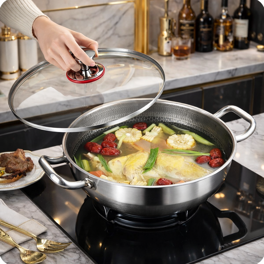 Stainless Steel Non-Stick Honeycomb Frying Pan with Glass Lid – Durable Skillet for Cooking, Searing & Frying 24cm