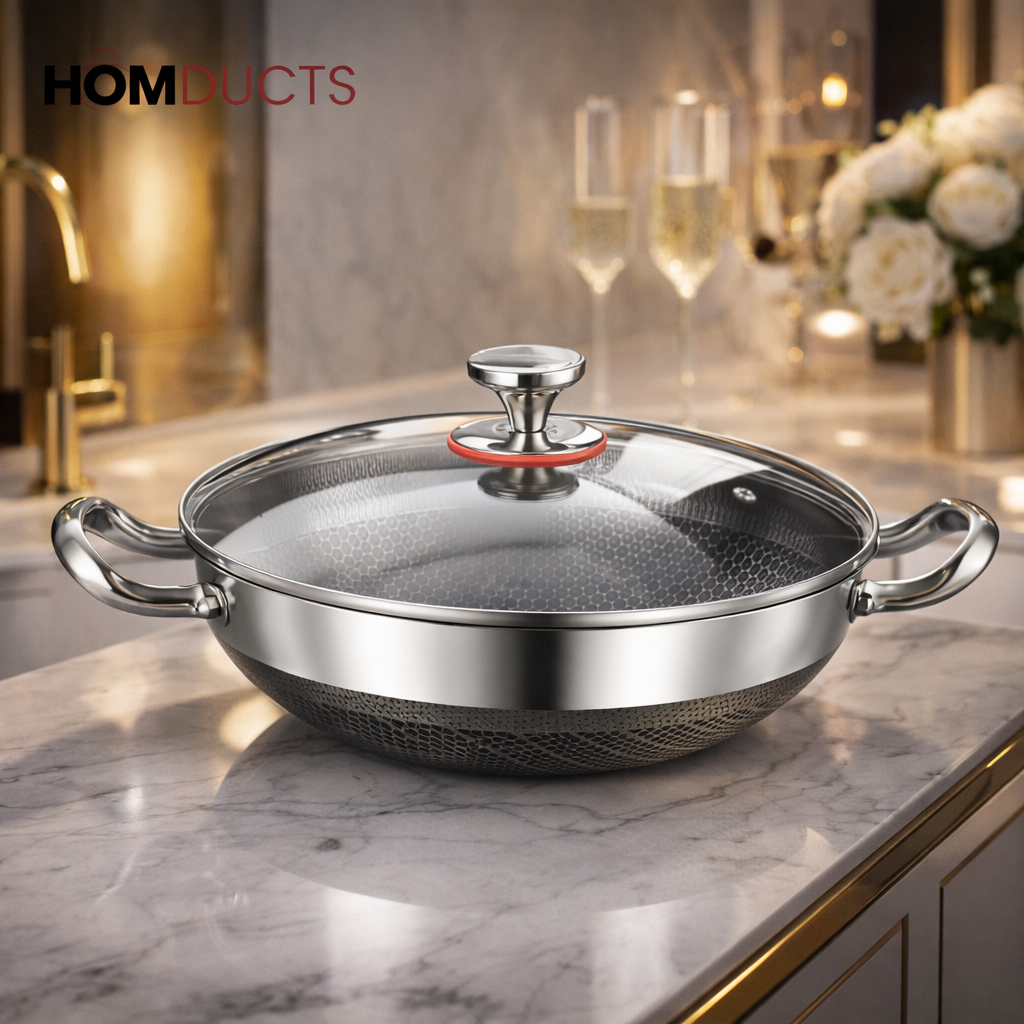 Stainless Steel Non-Stick Honeycomb Frying Pan with Glass Lid – Durable Skillet for Cooking, Searing & Frying 24cm
