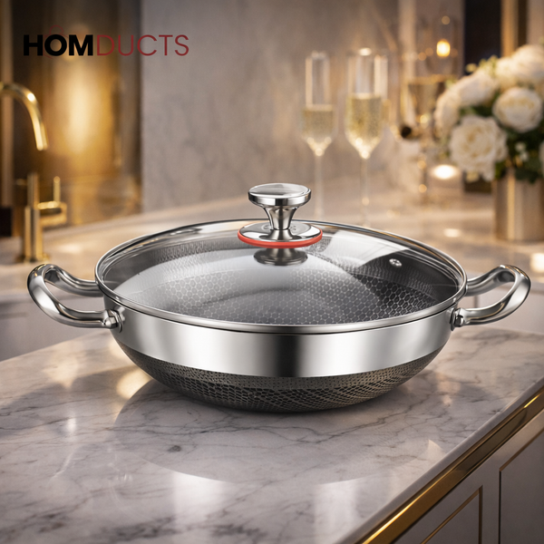 Stainless Steel Non-Stick Honeycomb Frying Pan with Glass Lid – Durable Skillet for Cooking, Searing & Frying 24cm