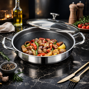 Stainless Steel Non-Stick Honeycomb Frying Pan with Glass Lid – Durable Skillet for Cooking, Searing & Frying 24cm