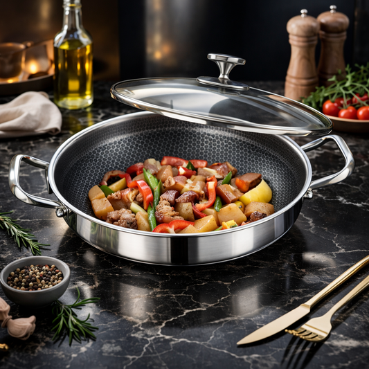 Stainless Steel Non-Stick Honeycomb Frying Pan with Glass Lid – Durable Skillet for Cooking, Searing & Frying 24cm