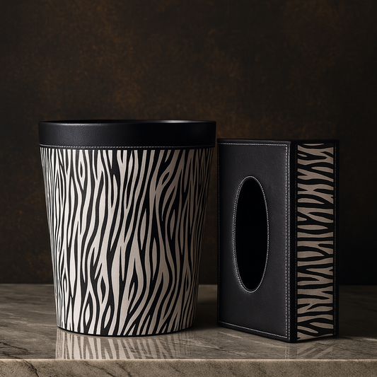 Luxury Zebra Print Bathroom Trash Bin & Tissue Box Cover – Premium Home Décor Set
