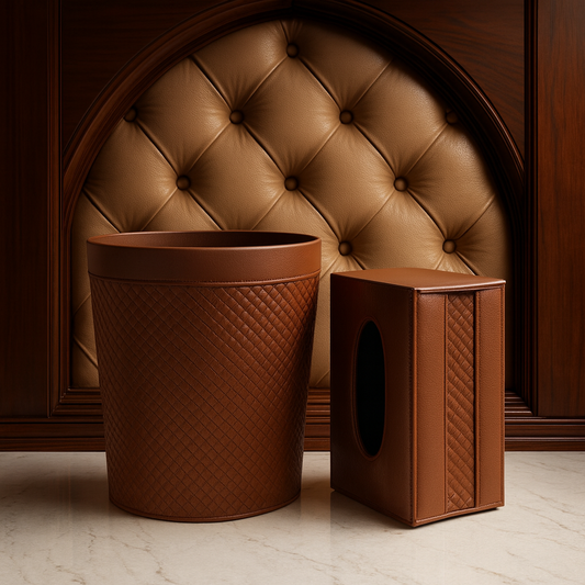 Luxury Leather Bathroom Accessory Set – Tissue Box Cover & Waste Bin (2-Piece Set)