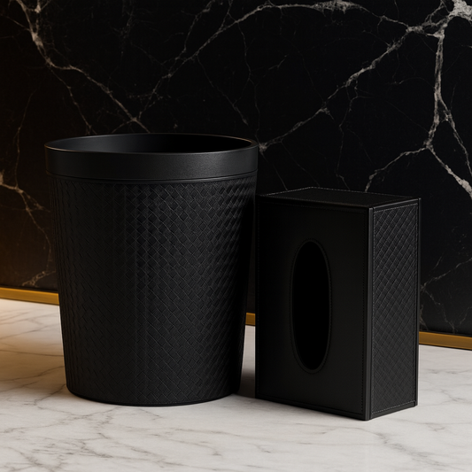 Luxury Matte Black Bathroom Accessories Set – Textured Dustbin & Tissue Box Holder