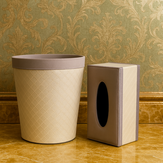 Luxury Quilted Bathroom Accessories Set – Tissue Box Cover & Dustbin Organizer