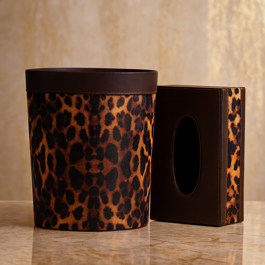 Luxury Leopard Print Bathroom Bin & Tissue Box Set – Premium PU Leather Home Accessories