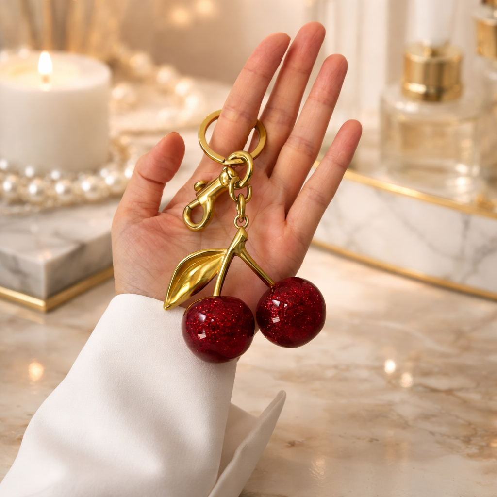 Luxury Sparkling Cherry Keychain – Red Enamel with Gold Detailing
