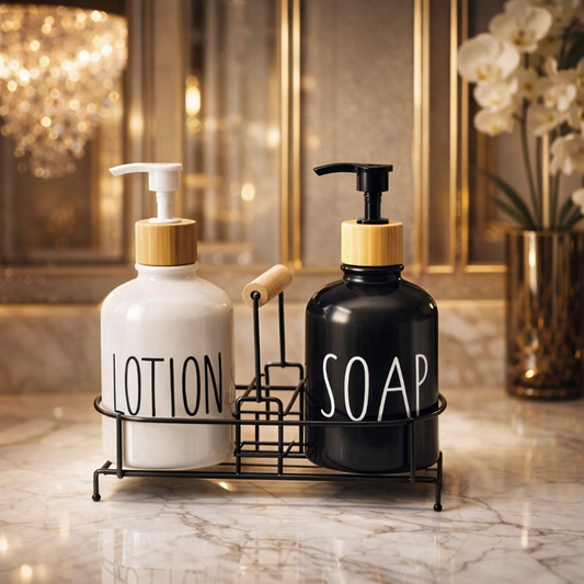 Luxury Ceramic Soap & Lotion Dispenser Set with Metal Stand – Modern Bathroom Counter Organizer