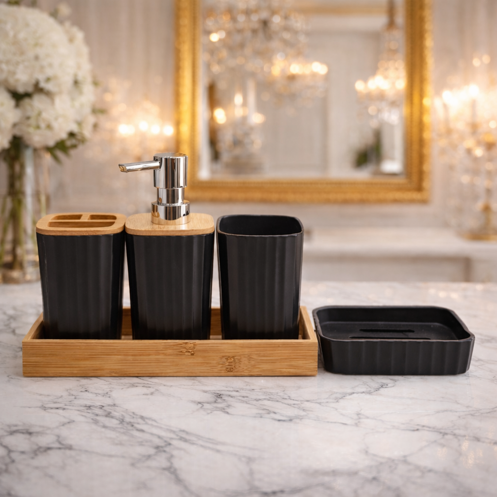 Luxury Black Ribbed  Bathroom Accessories Set with Bamboo Tray – 5-Piece Modern Vanity Organizer