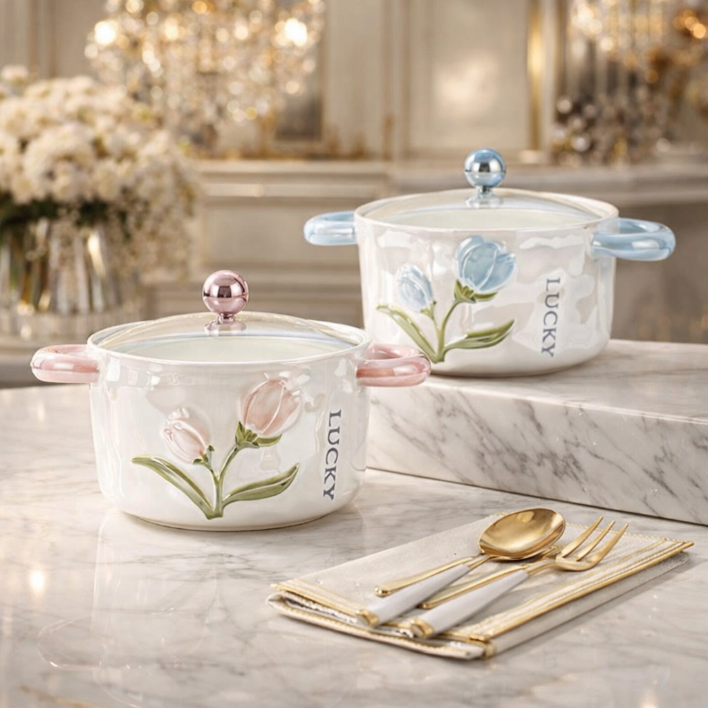 Luxury Floral Heat-Resistant Porcelain Cooking Pot with Glass Lid